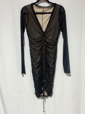 Fashion Nova Black Sheer Ruched Long-Sleeve Dress